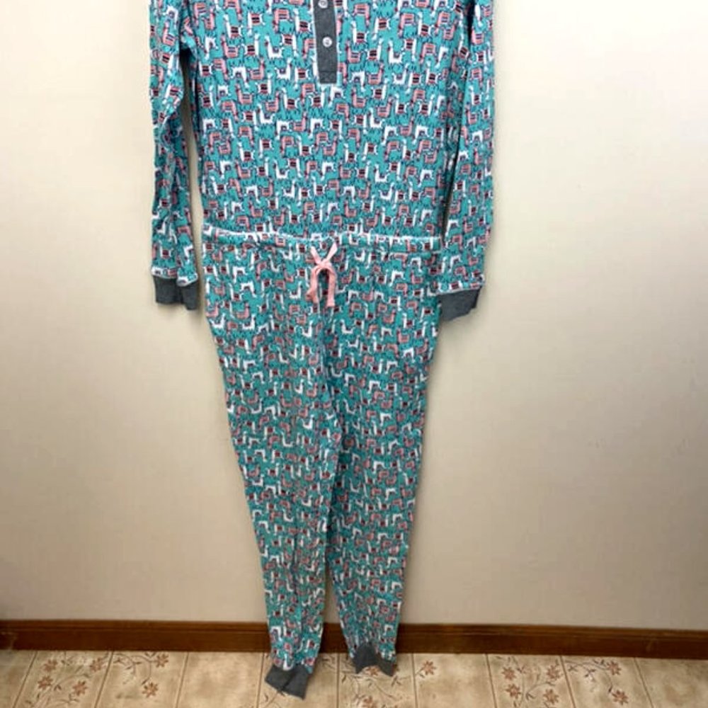 NWT Dina Be Francescas S Thermal Llama One Piece Pajamas Mint Pink Waffle Weave - Picture 2 of 7